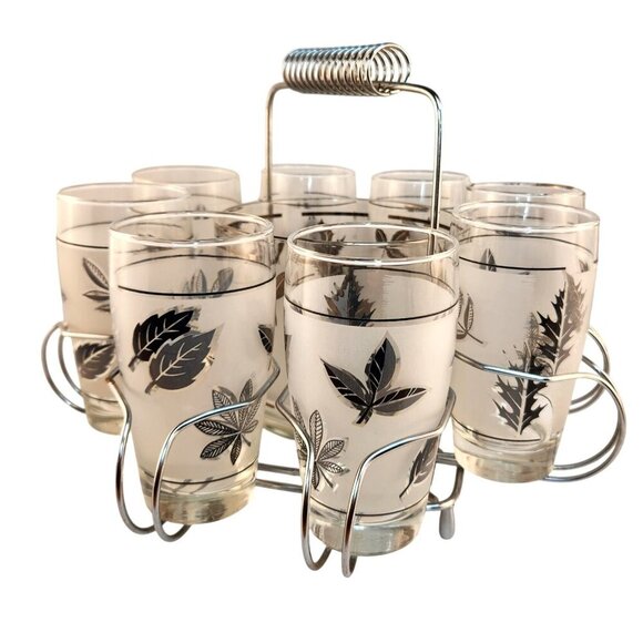 1960s Libbey Starlyte Mid Century Modern Frosted Silver Leaf Tumbler Glasses Wit - Picture 4 of 16